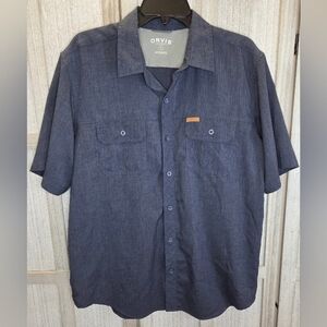 Orvis Classic Collection Mens Short Sleeve Button Front Shirt Size L Navy Blue